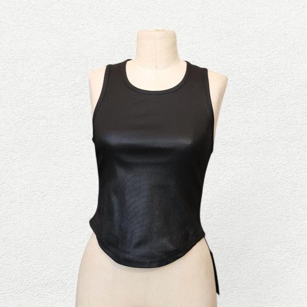 EZR Ribbed Lambskin Leather Effect Tank Top in Black